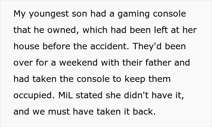 Text excerpt describing an evil MIL tormenting her son's wife and lying about possessions after a home accident.