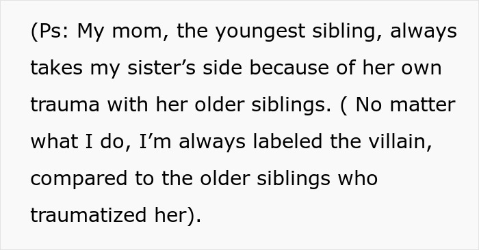 ALT text: Text describing sister family parenting drama involving favoritism and trauma with older siblings in family conflicts.