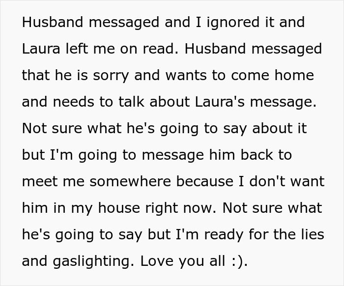 Text message about husband spinning a tale involving pregnant female bestie, shocked wife anticipates lies and gaslighting.