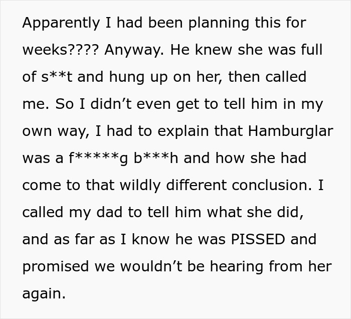 Text message discussing a step-mom called Hamburglar accused of stealing food, leading to a CPS visit concern.