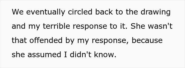 Text showing a reflection on a crude drawing and the unoffended response, highlighting a growing connection through a tragic story.