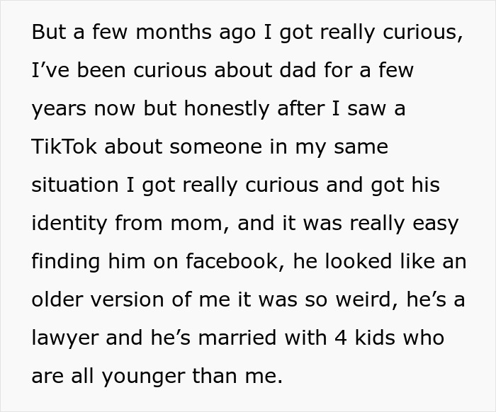 Text excerpt about guy curious about his dad&rsquo;s identity, discovering family secrets and lies about his dad.