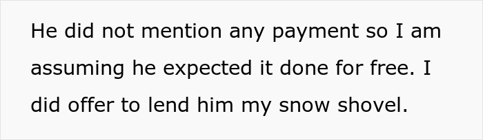 Text discussing a woman refusing to lend her new snow blower to a neighbor she never met before.