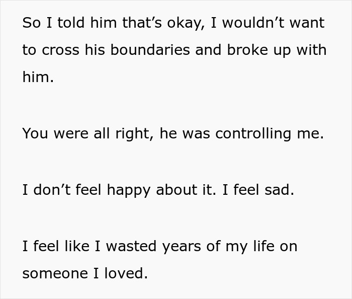 Text excerpt showing a breakup due to a man not handling girlfriend&rsquo;s maid of honor duties, revealing controlling behavior.