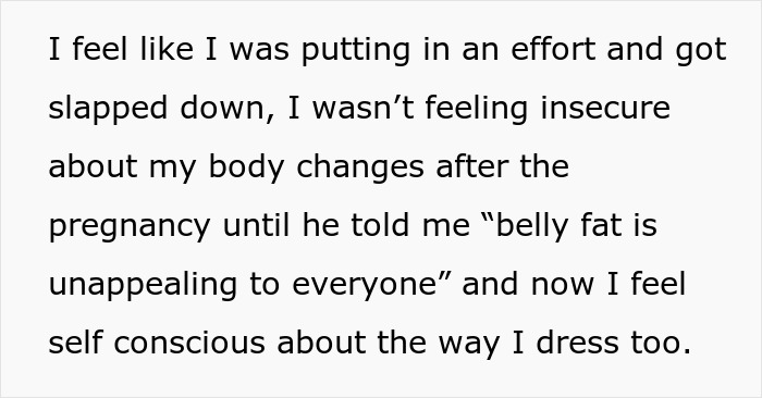 Alt text: Text describing a woman feeling insecure about body changes after pregnancy due to cruel insults and pressure to lose weight.