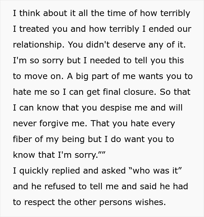 Text conversation showing a cheater apologizing and expressing regret as the girlfriend moves on from heartbreak.