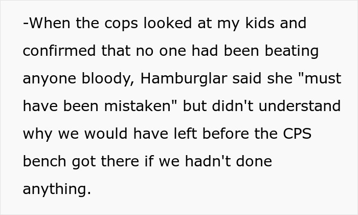 Text excerpt discussing a couple suspecting wife’s Hamburglar step-mom of stealing food prompting a CPS visit.