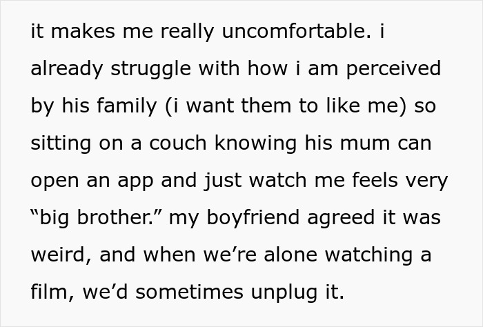 Text excerpt expressing discomfort about being monitored by hidden cameras and feeling watched like "big brother." Text excerpt expressing discomfort about being monitored by hidden cameras and feeling watched like "big brother."