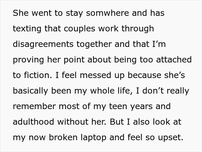 Text about a controlling girlfriend claiming she wanted to end her boyfriend's fiction mania, with a broken laptop mentioned.