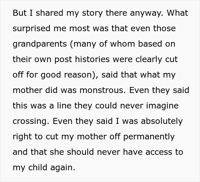 Text about mother’s horrific retaliation against postpartum boundaries and permanent family estrangement.