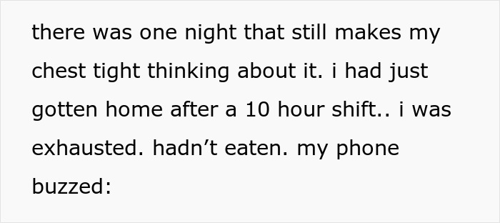 Text excerpt showing a single mom exhausted after a long shift receiving a phone call, reflecting on support from older sister.