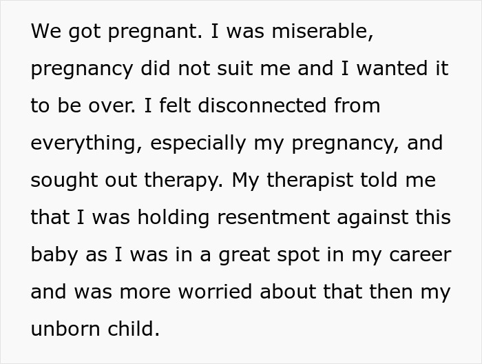 Text passage discussing a woman's struggles with pregnancy, therapy, and feelings about her unborn child in infertility context.