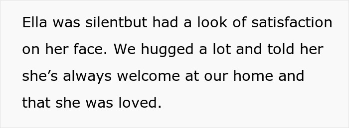 Text excerpt showing a person named Ella feeling satisfied and being warmly welcomed and loved at a home.