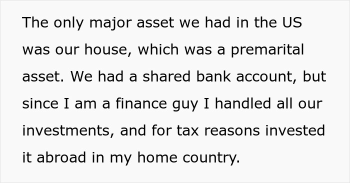 Text excerpt about shared assets and finance management representing woman's easy-going lifestyle disrupted by husband's discovery of affair.