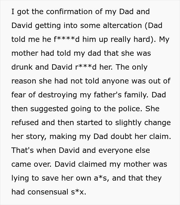 Text excerpt discussing family conflict after a DNA test reveals uncle is actually dad, causing major family chaos.