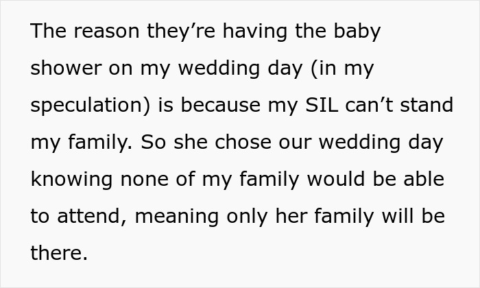 Text discussing groom&rsquo;s brother bringing drama by throwing a baby shower on the wedding day to exclude family attendance.