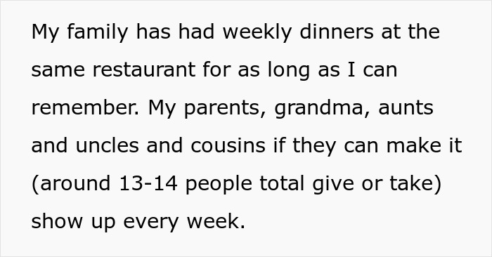 Text describing a family dinner gathering with multiple relatives attending weekly despite a rude mother causing tension.