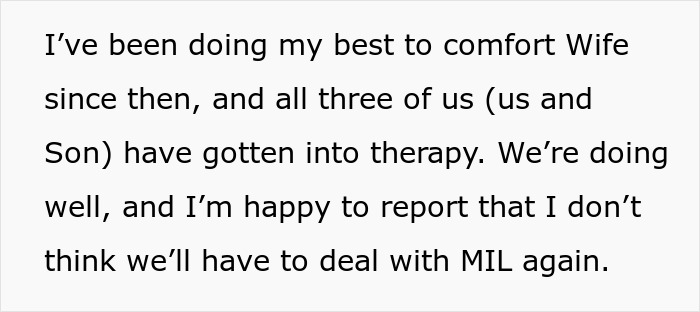 Text excerpt about a couple and their son attending therapy after a religious MIL kidnapped their son in revenge. Text excerpt about a couple and their son attending therapy after a religious MIL kidnapped their son in revenge.