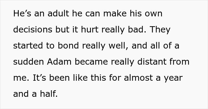 Text excerpt about drama over last name and bonding struggles as guy spends time with bio dad, showing emotional distance.
