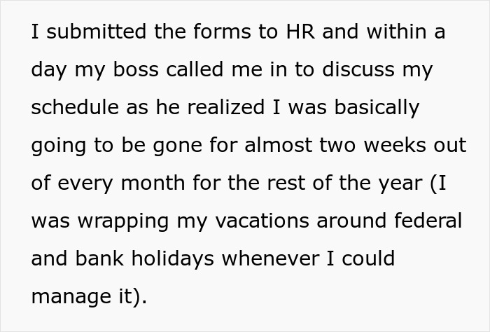 Text excerpt about submitting forms to HR and boss discussing schedule as employee plans extended time off around holidays.