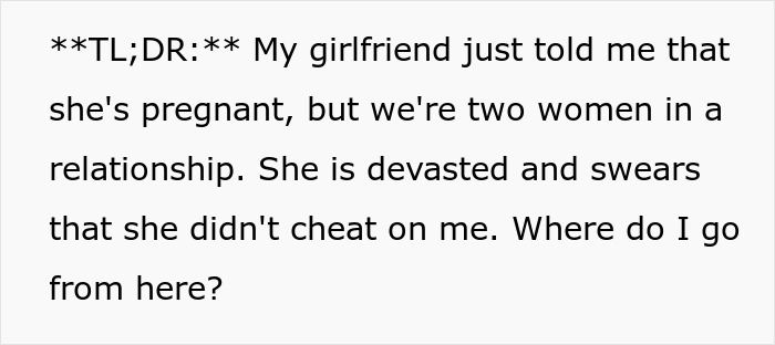 Text post describing confusion about a lesbian couple where one partner is pregnant and feeling devastated.