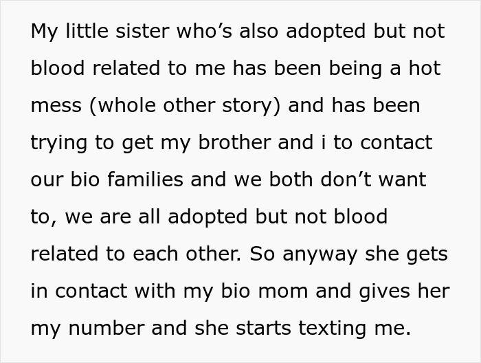 Text discussing an adoptee's experience with birth mom claiming DNA access linked to sudden cash demands.
