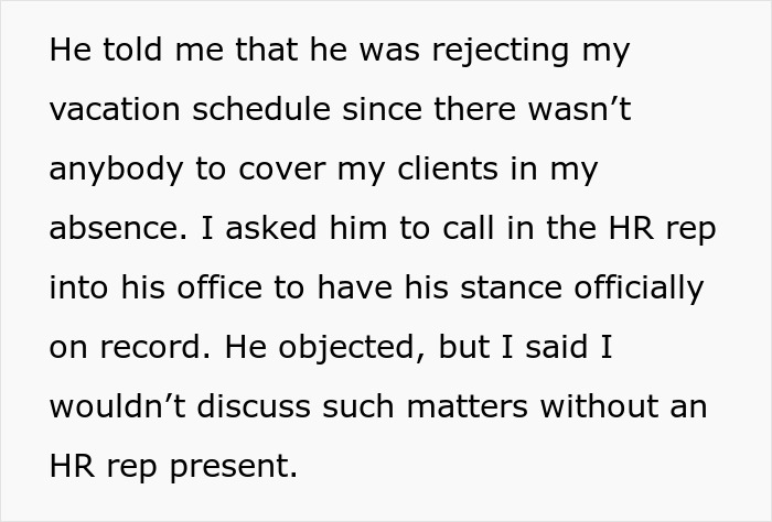 Text showing an employee rejecting a vacation schedule and requesting HR involvement amid work coverage issues.