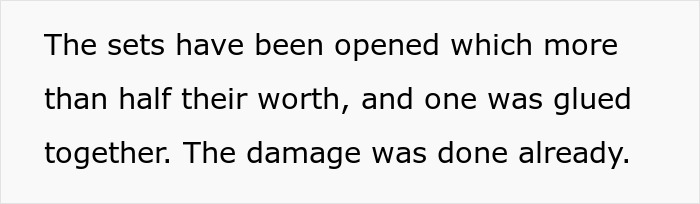 Opened expensive Lego sets showing damage, related to stealing incident involving cheating ex-wife's boyfriend arrest.