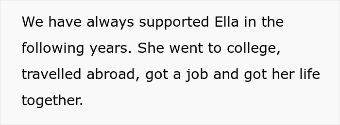 Text excerpt showing a story about supporting Ella as she went to college, traveled abroad, and built her life.