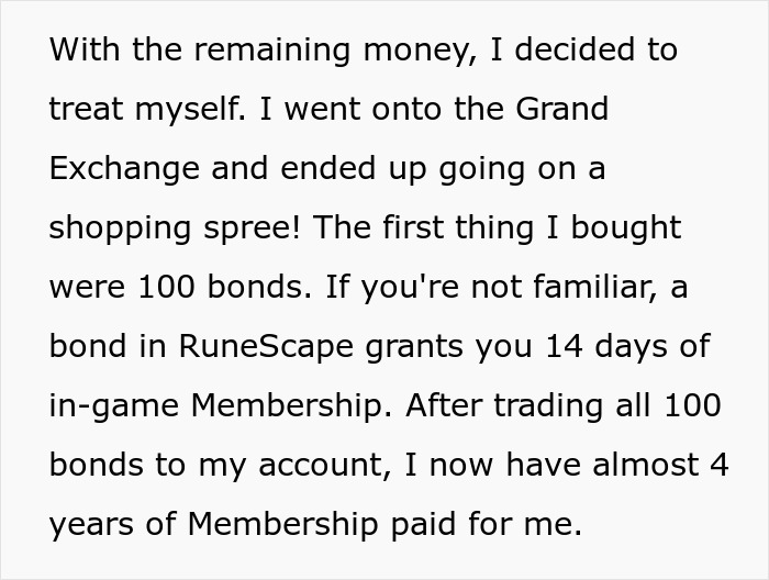 Text about buying 100 bonds in RuneScape, granting 14 days of membership each, totaling nearly 4 years. - 40