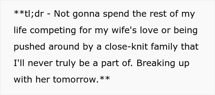 Text message confessing not competing for wife's love or close-knit family, planning to break up tomorrow, showing emotional conflict.