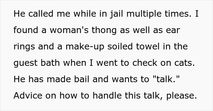 Text about estranged wife checking on jailed husband's cats finds black thong and evidence he's not sad.