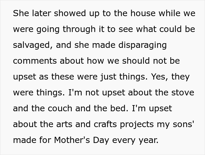 ALT text: Text describing an evil MIL tormenting her son&rsquo;s wife with lies and showing no sympathy after their home burns down.