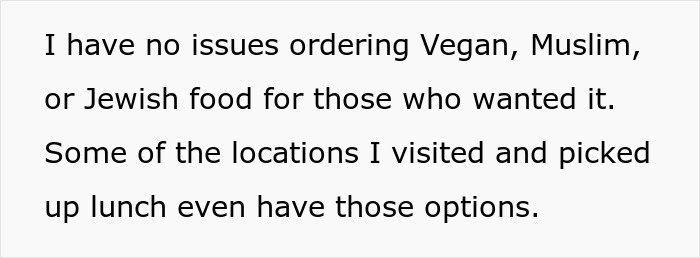 Text explaining coworker&rsquo;s entitlement causing conflict when lunch pickups were stopped at the workplace.