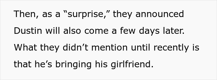 Text excerpt about family rolling out the red carpet for son's mistress while wife stays clueless at home.