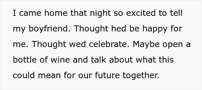 Text excerpt describing a woman excited to share her success with her boyfriend, revealing relationship tension.