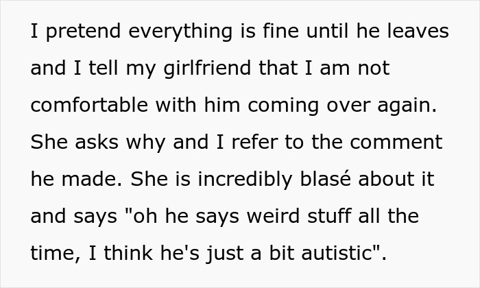 Text excerpt discussing discomfort with a friend's behavior and mentioning the phrase just a bit autistic.