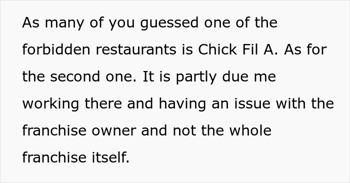 Text excerpt discussing a forbidden restaurant and a workplace issue with a franchise owner linked to entitlement conflicts.