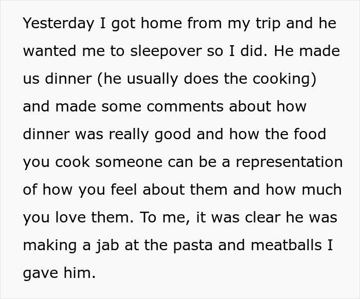 Woman brings leftovers to support boyfriend in mourning and faces criticism over inedible food.