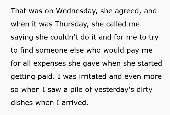 Text excerpt showing frustration over unpaid expenses and dirty dishes in a woman&rsquo;s child-free household conflict.