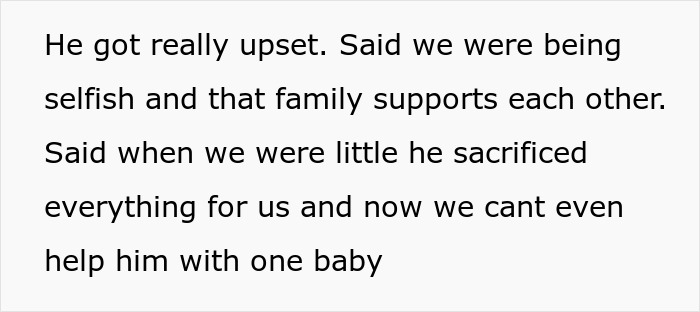 Text excerpt about a 50-year-old dad upset as his kids refuse to help raise his surprise baby.