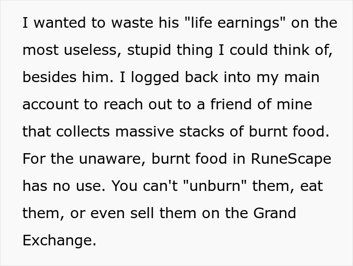 Text excerpt about destroying RuneScape account items as revenge after cheating in a relationship. - 36