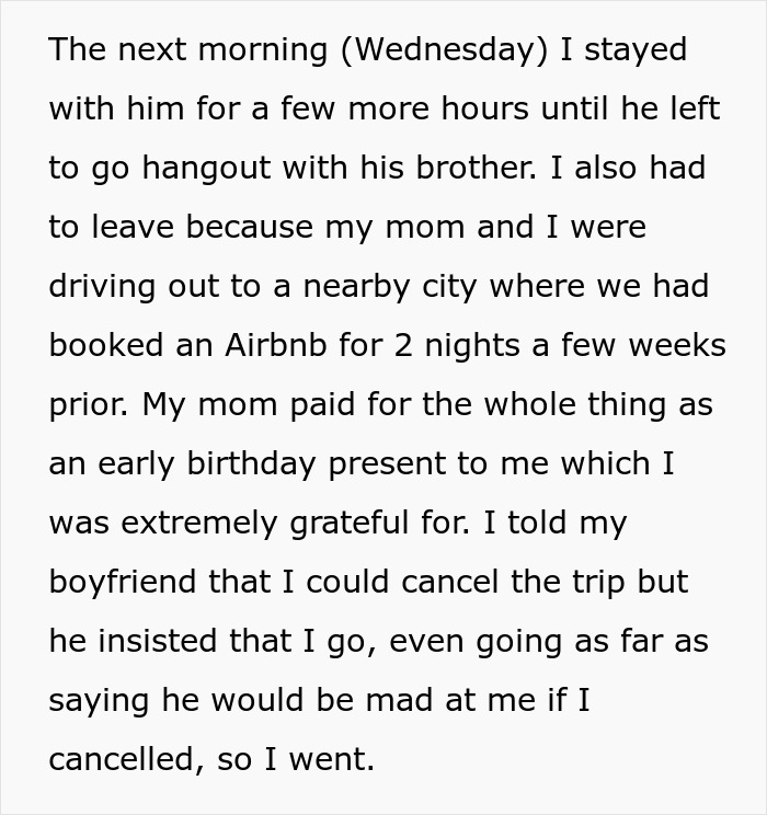 Text from a woman describing staying with her boyfriend in mourning and bringing leftovers that were criticized as inedible.
