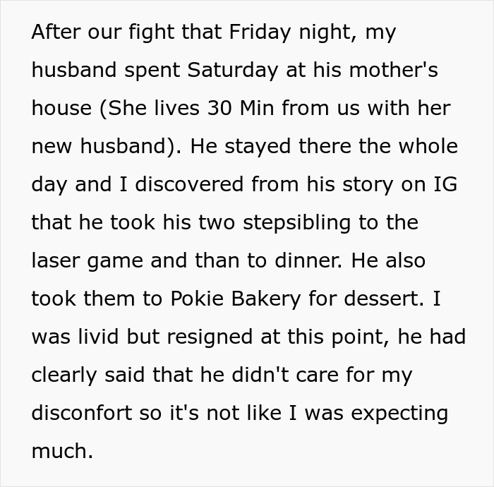 Text describing a wife&rsquo;s discovery of her husband spending time with his family after a fight, hinting at trust and cheating issues.