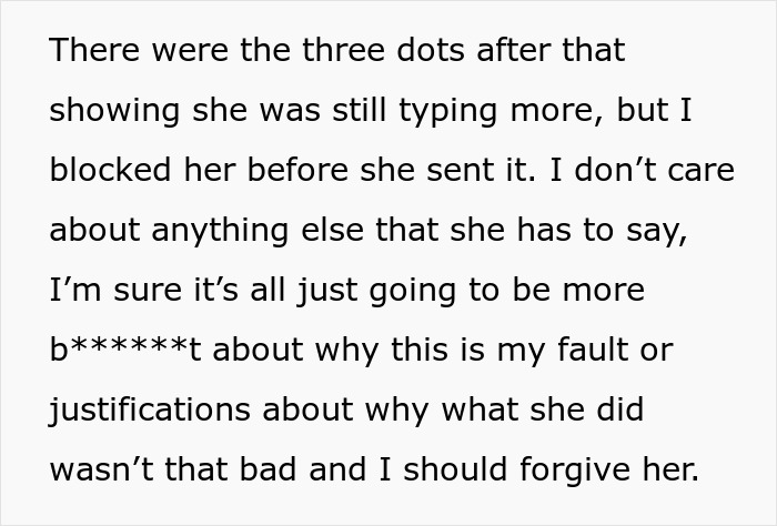 Text message screenshot discussing blocked messages and refusing to forgive, reflecting cheating confession and denial conflict.