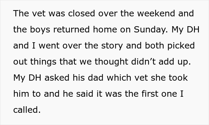 Text excerpt discussing vet closure and family doubts about MIL pretending dog passed away to get rid of him.
