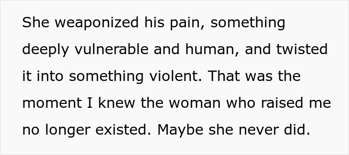 Text describing emotional pain and postpartum boundaries, highlighting a mother's violent retaliation and broken relationship.