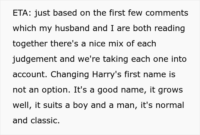 Text discussing naming son Harry Potter, emphasizing keeping the name Harry as classic, normal, and suitable for all ages.