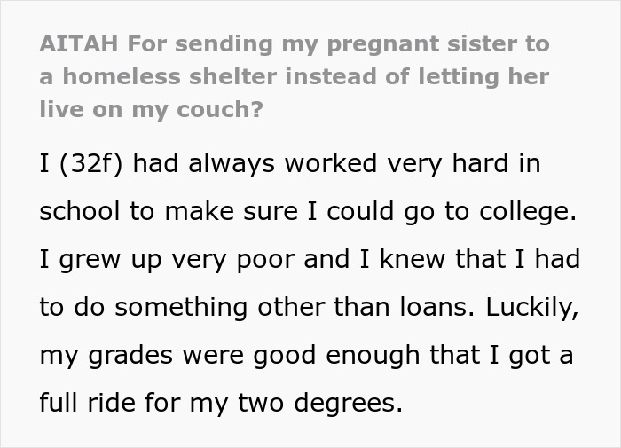 Text excerpt about a pregnant sister living in a homeless shelter instead of staying on a family member’s couch.