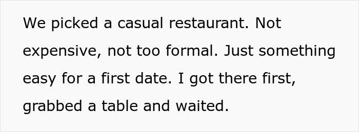 Text from a casual restaurant describing a simple first date setup at a table, highlighting nervousness and chaperone presence.